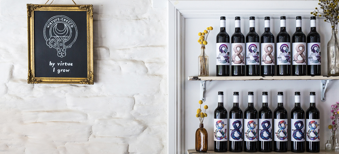 Shelf of Hither & Yon wine bottles 